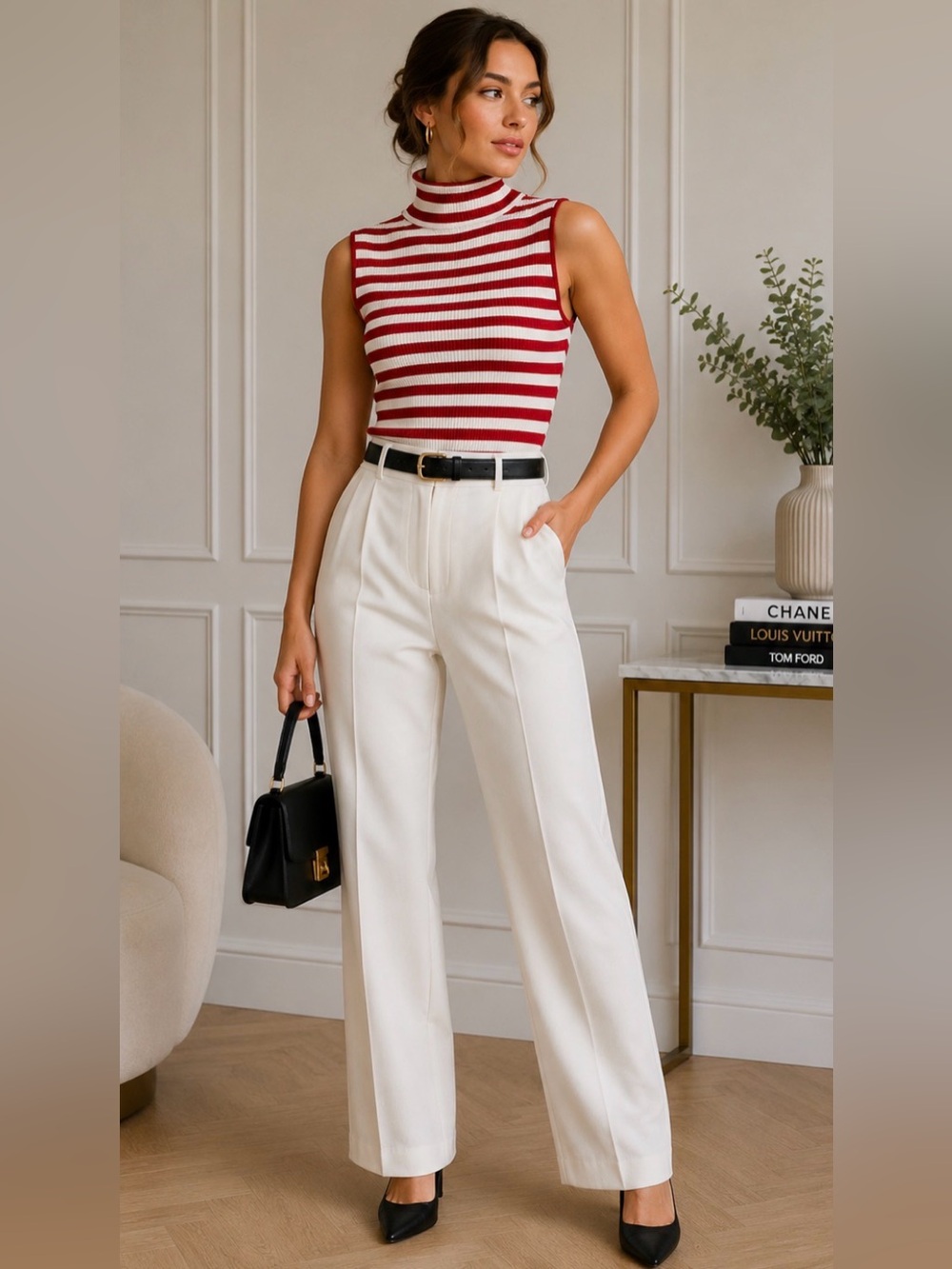 C Concept Silk Blend Red Ivory Striped Mock Neck Sleeveless Top XL